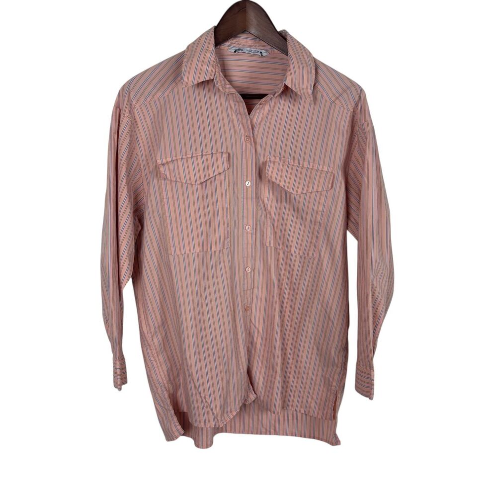 Zara Pink Striped Button Down Long Sleeve Shirt Women's Small Step Hem Oversize